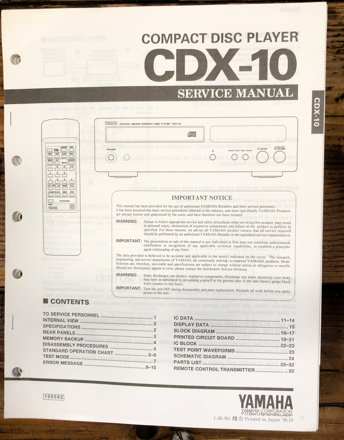 Yamaha CDX-10 CD Player  Service Manual *Original*