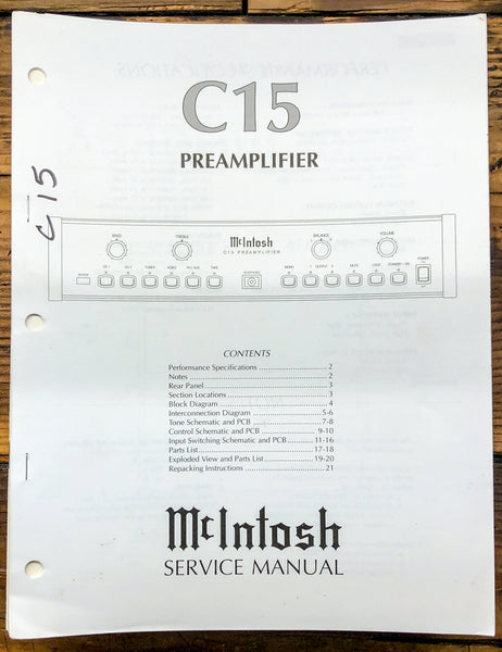 McIntosh C15 C-15 Preamp / Preamplifier  Service Manual *Original*