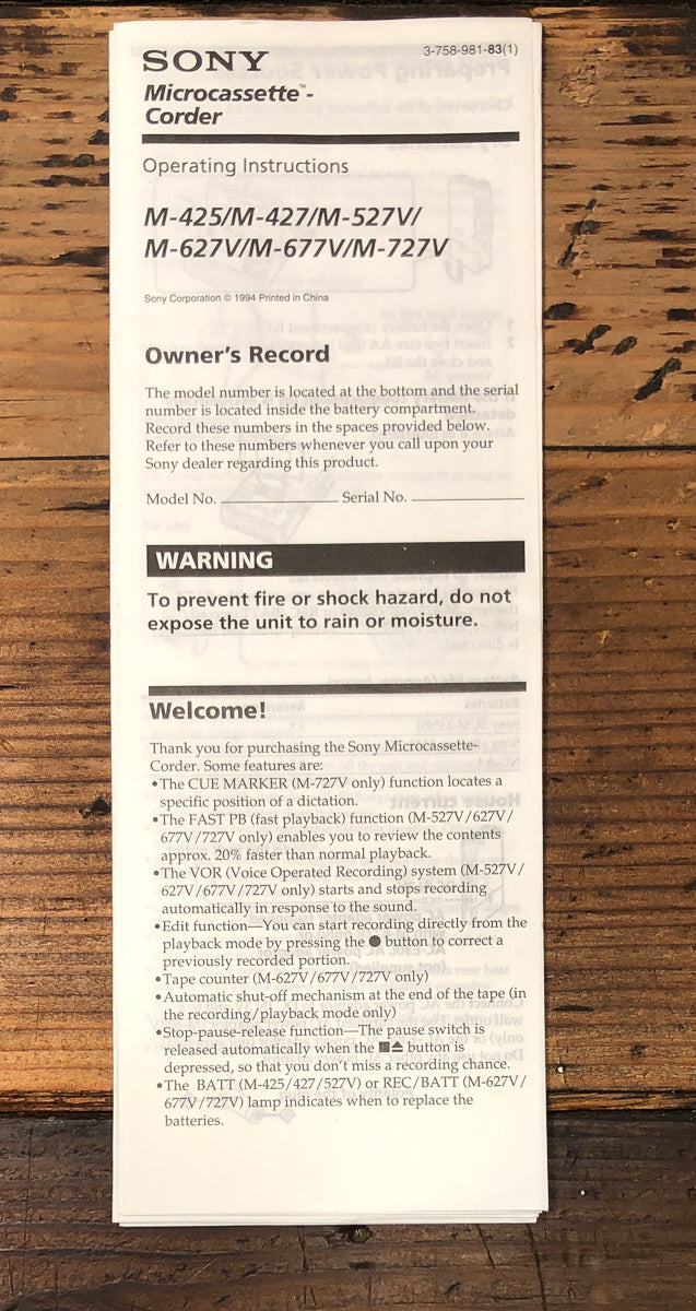 Sony M-425 -427 -527 -627 -677 -727 Micro Cassette Owners / User Manual *Orig*