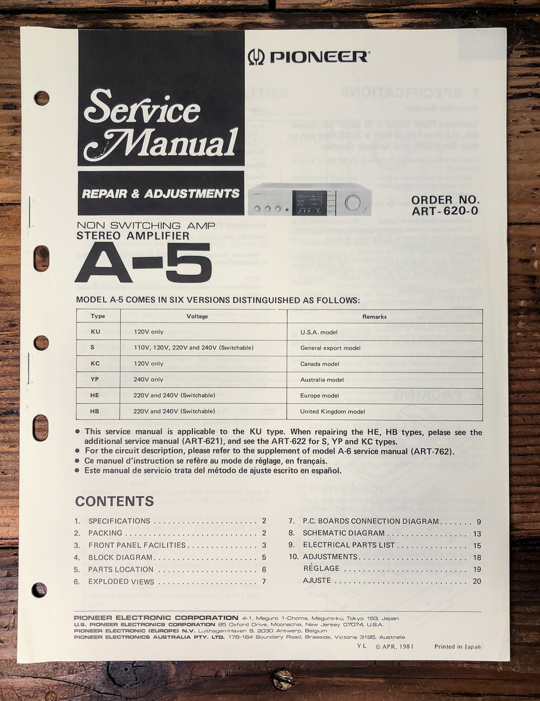 Pioneer A-5 Amplifier Service Manual *Original*