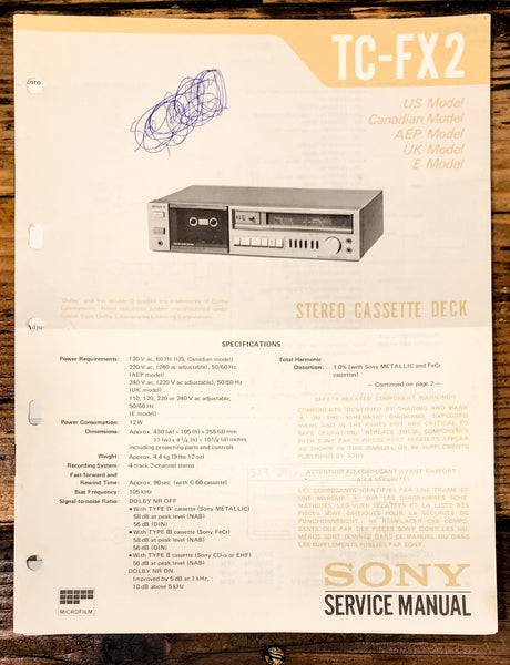 Sony TC-FX2 Cassette Service Manual *Original*