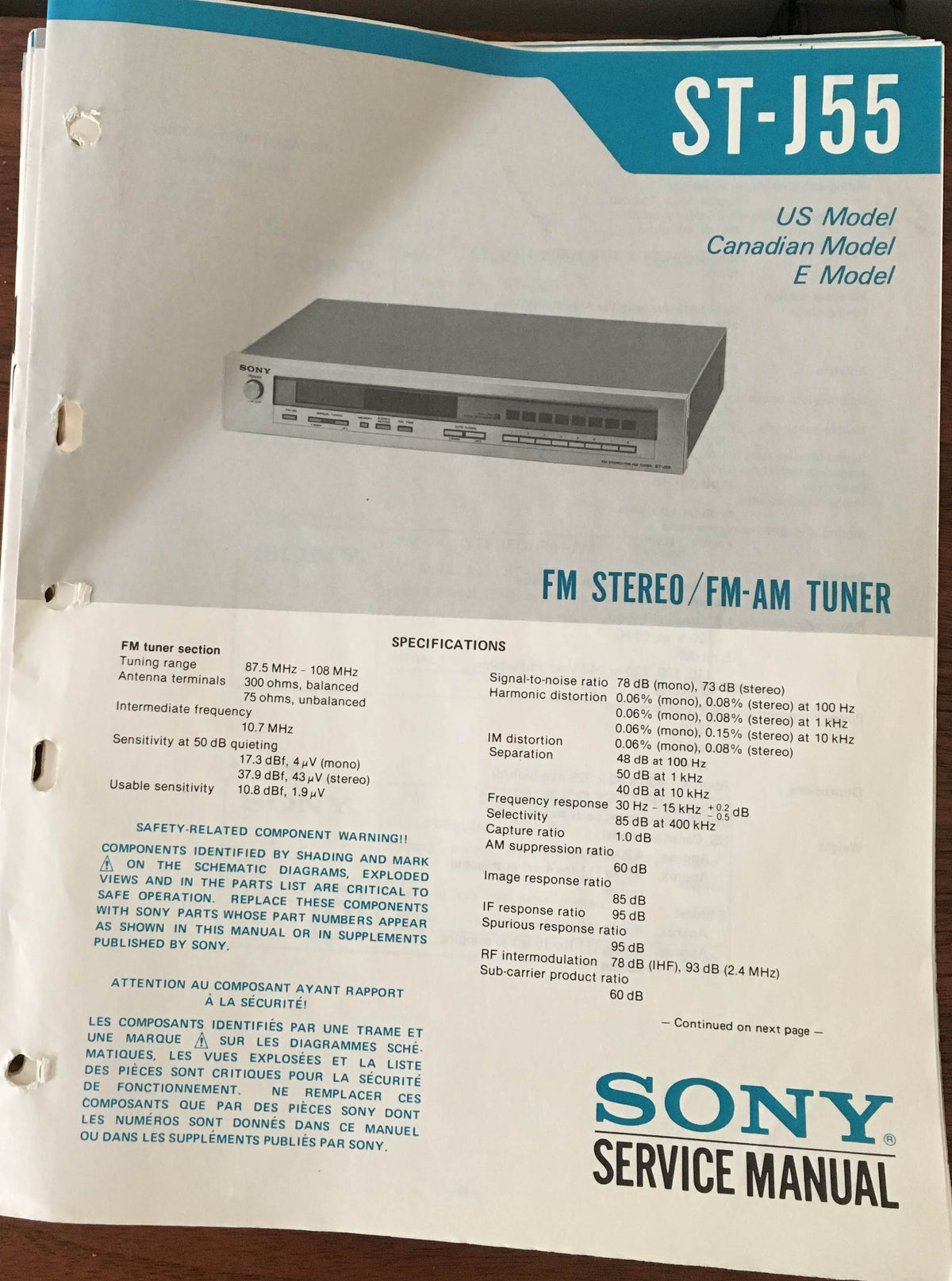 Sony ST-J55 Tuner Service Manual *Original*