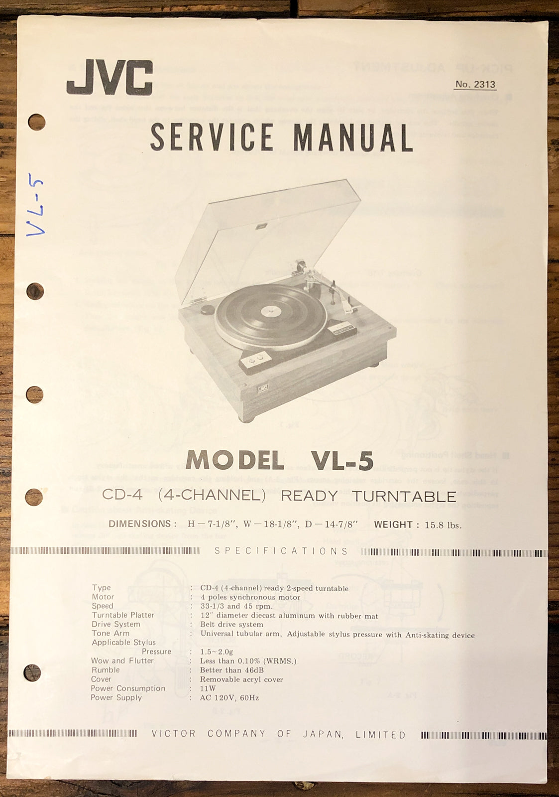 JVC VL-5 Record Player / Turntable Service Manual *Original*