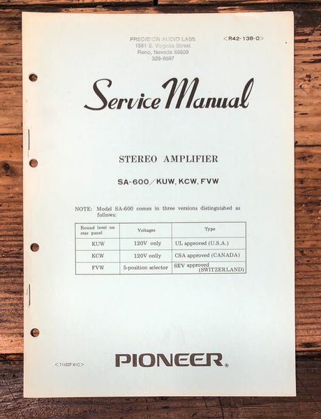 Pioneer SA-600 Amplifier Service Manual *Original*