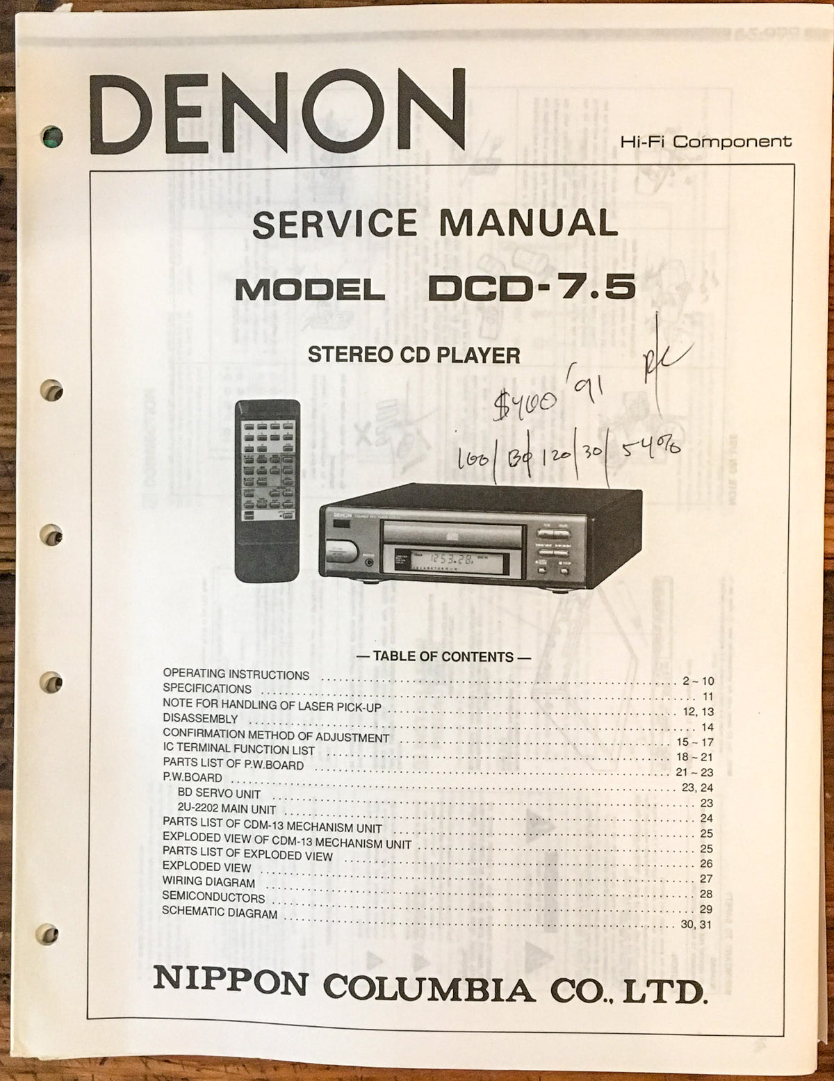 Denon DCD-7.5 CD Player  Service Manual *Original*