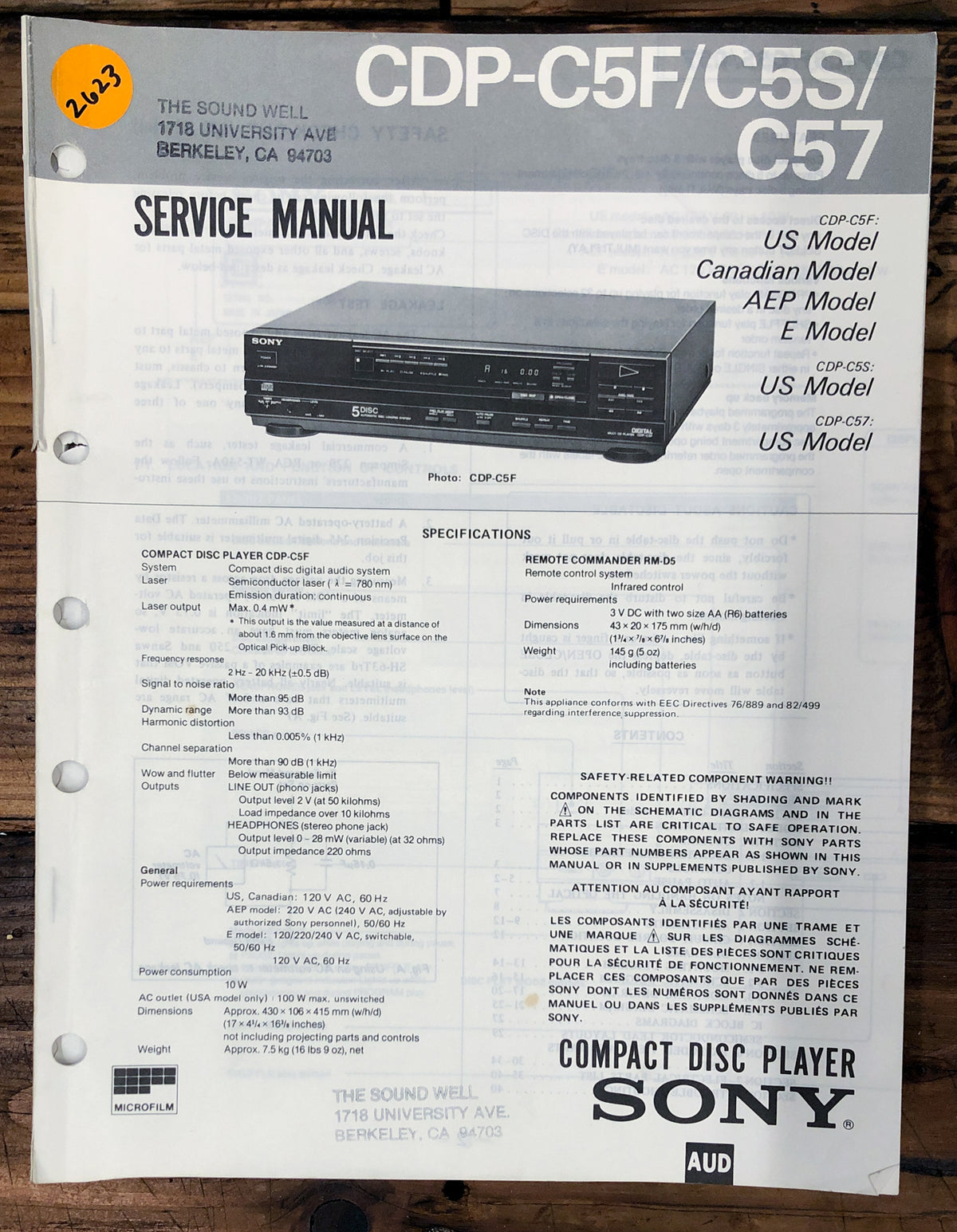 Sony CDP-C5F CDP-C5S CDP-C57 CD  Player  Service Manual *Original*