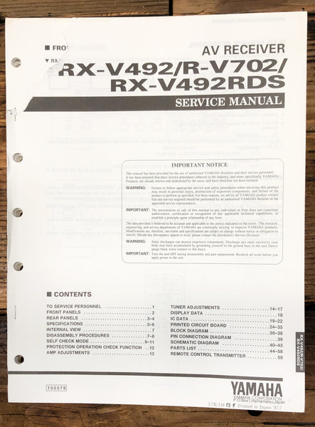 Yamaha RX-V492 R-V702 RDS Receiver  Service Manual *Original*