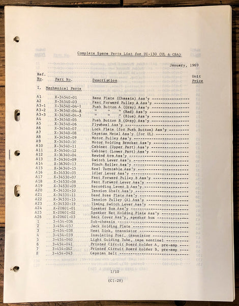 Sony TC-130 Tape Recorder Parts List Manual   *Original*