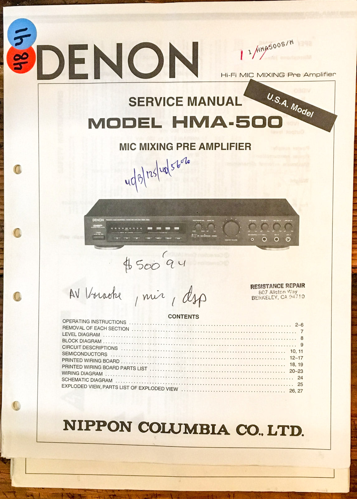 Denon HMA-500 MIC Preamp / Preamplifier  Service Manual *Original*