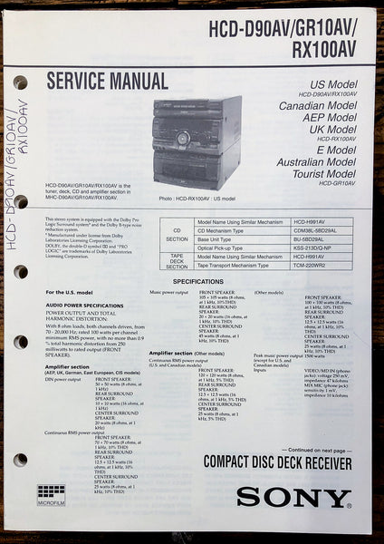 Sony HCD-D90AV -GR10AV -RX100AV Stereo  Service Manual *Original*