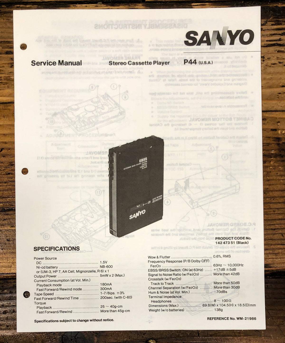 Sanyo P44 P-44 Personal Cassette Player Service Manual *Original*