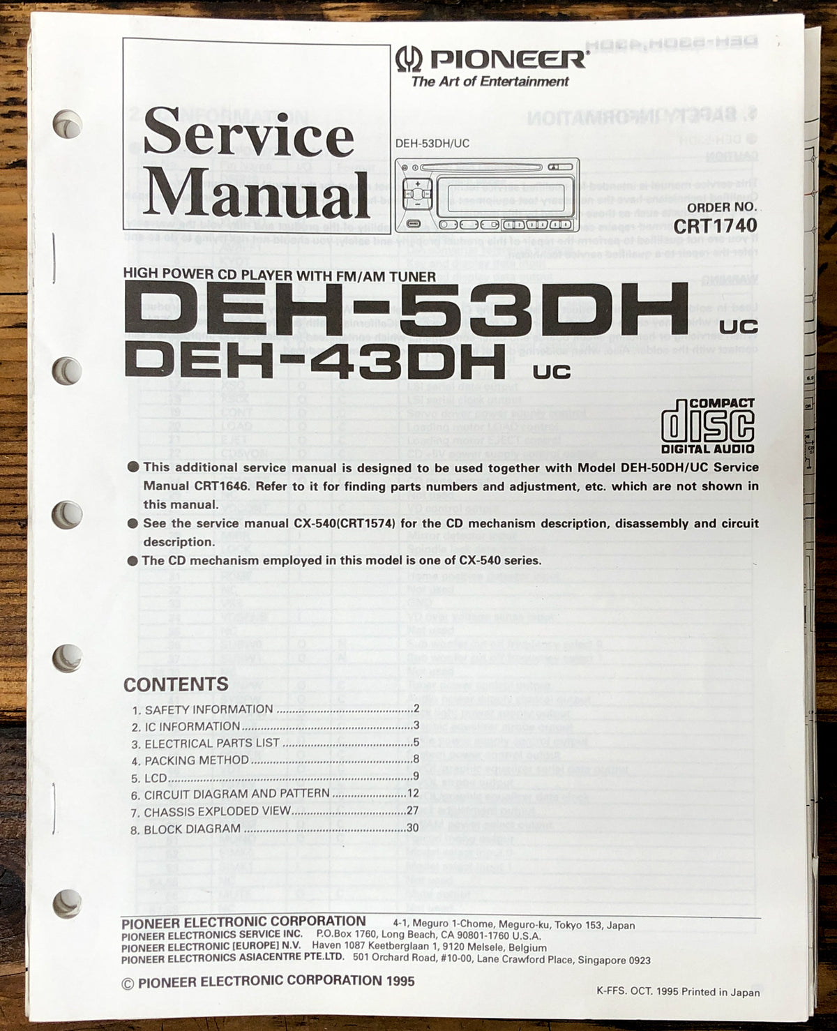 Pioneer DEH-53DH DEH-43DH Radio  Service Manual *Original*