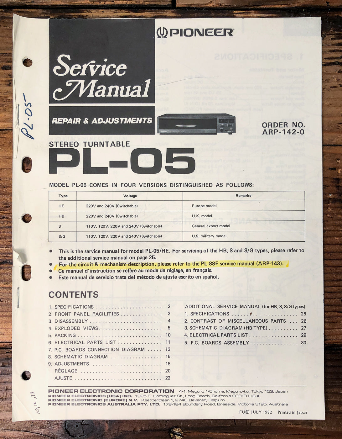 Pioneer PL-05 Turntable Service Manual *Original*