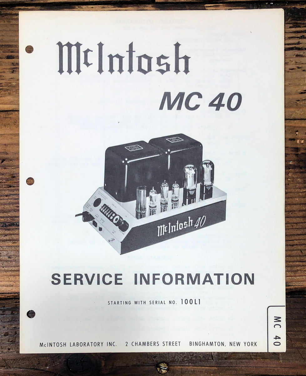 McIntosh MC-40 MC40 Amplifier Service Manual *Original*