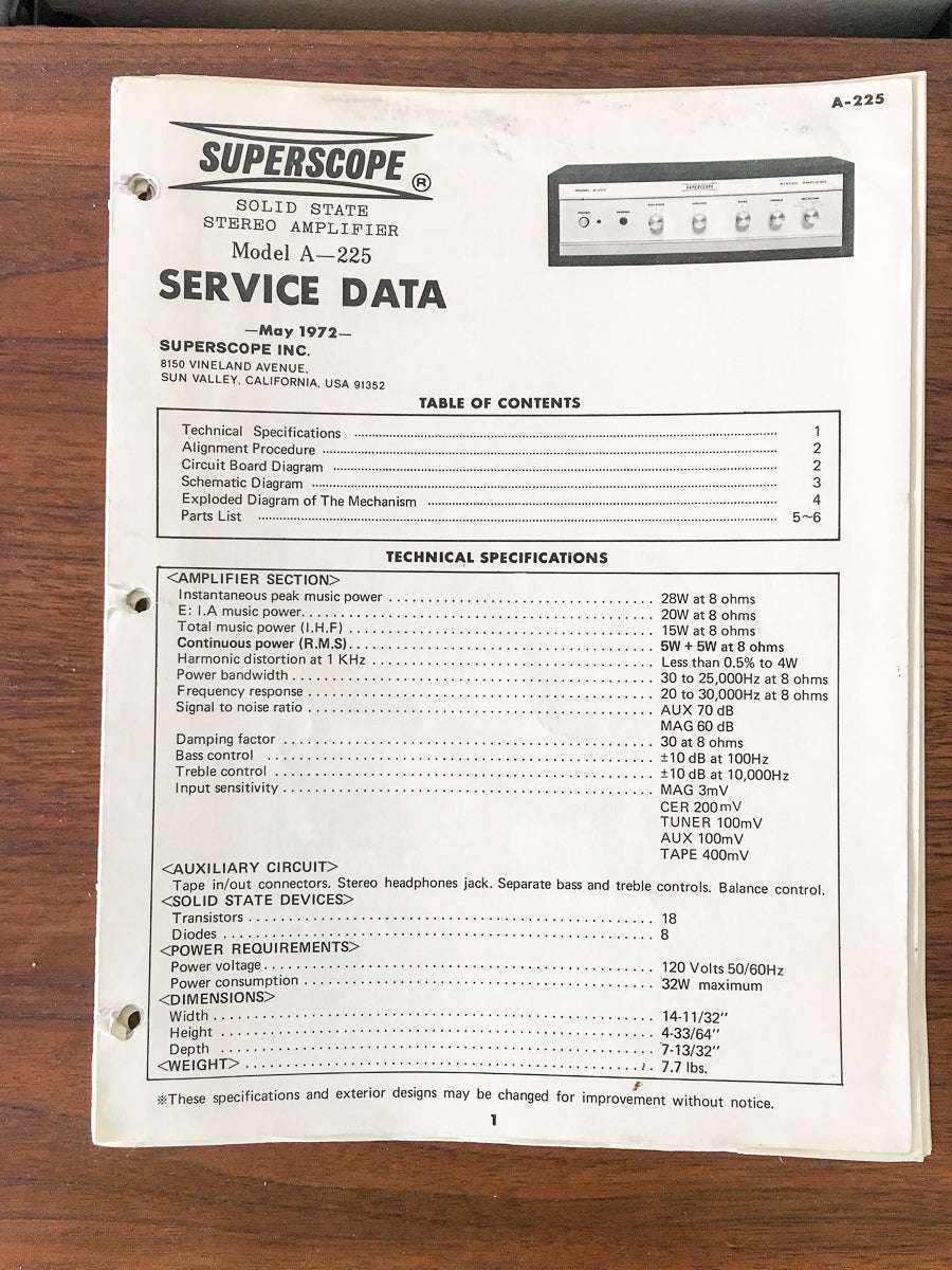 Superscope A-225 Amplifier Service Manual *Original*