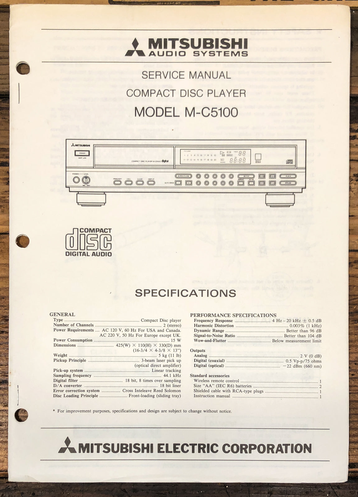 Mitsubishi M-C5100 CD Player  Service Manual *Original*
