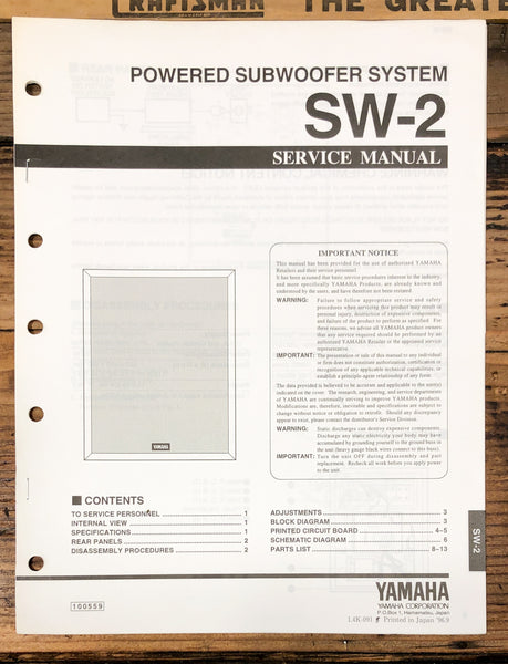Yamaha SW-2 Subwoofer  Service Manual *Original*