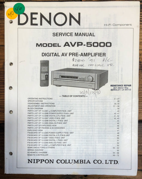 Denon AVP-5000 AV Preamplifier / Preamp  Service Manual *Original*