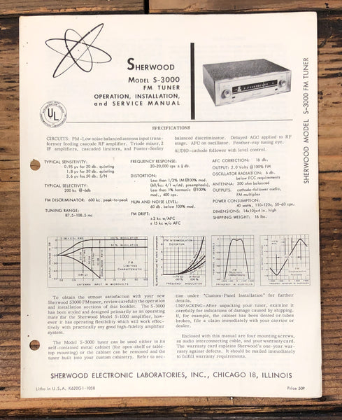 Sherwood S-3000 Tuner Operation & Service Manual *Original*