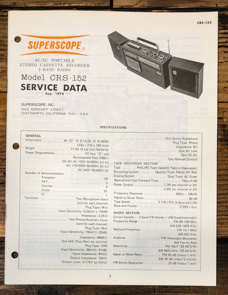 Superscope CRS-152 Stereo Service Manual *Original*