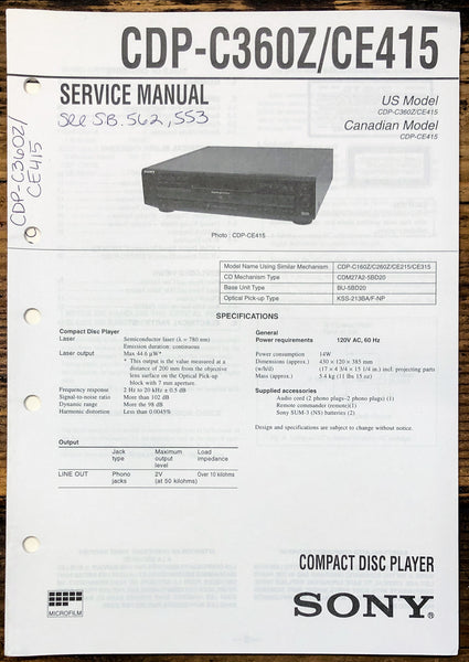 Sony CDP-C360Z CDP-CE415 CD Player  Service Manual *Original*