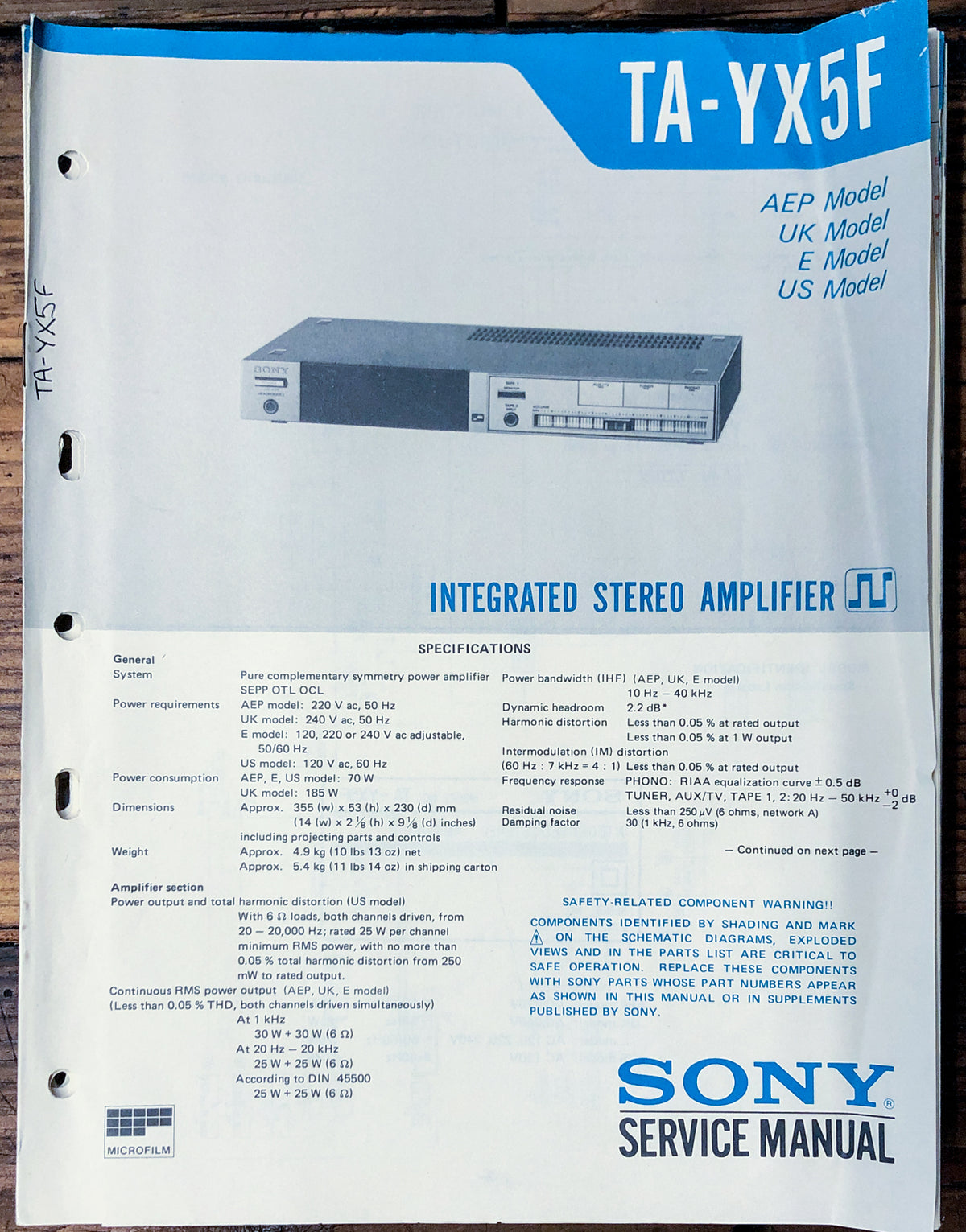 Sony TA-YX5F Amplifier  Service Manual *Original*