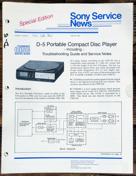 Sony D-5 CD Player  Troubleshooting Sony Service News  *Original*