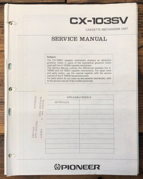 Pioneer CX-103SV Cassette Mechanism  Service Manual *Original*