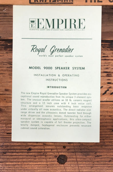Empire  Royal Grenadier Model 9000 Speaker Owners / User Manual *Original*
