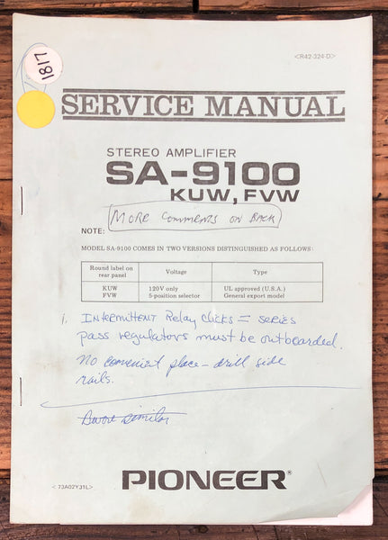 Pioneer SA-9100 Amplifier  Service Manual *Original*