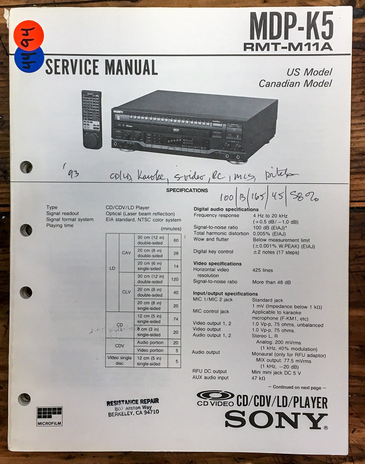 Sony MDP-K5 CD CDV LD Player  Service Manual *Original*