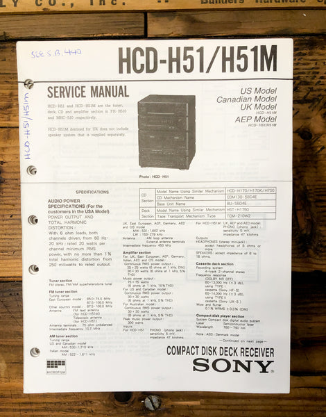 Sony HCD-H51 HCD-H51M Stereo  Service Manual *Original*