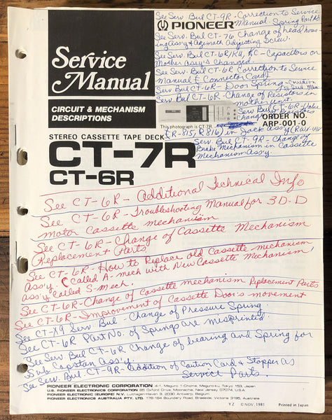 Pioneer CT-6R CT-7R Cassette  Service Manual *Original*