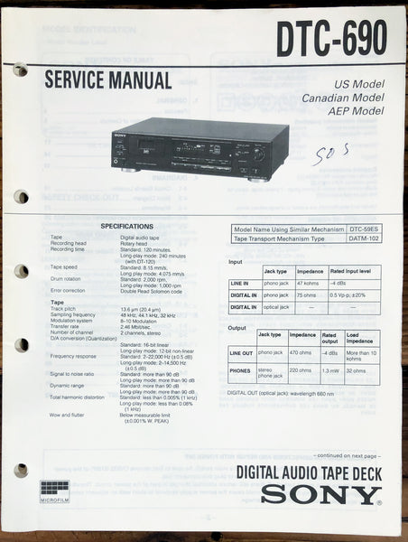 Sony DTC-690 DAT Tape Deck  Service Manual *Original*