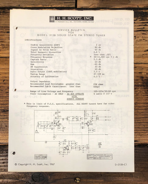 HH Scott Model 315B 315 B  Tuner Service Manual *Original*