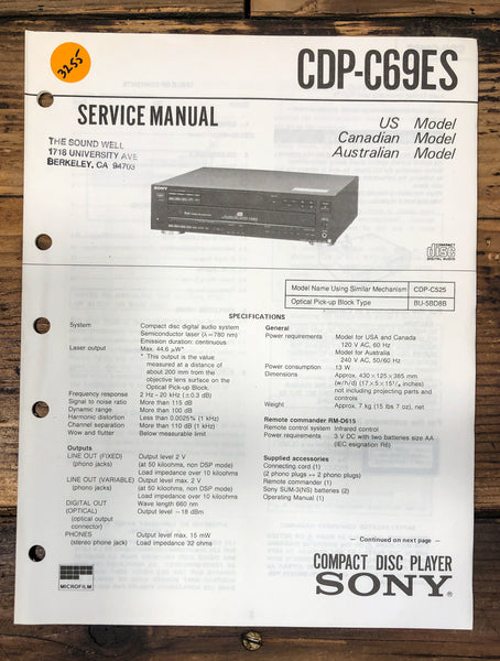 Sony CDP-C69ES CD Player Service Manual *Original*