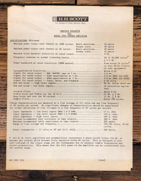 HH Scott Model 299C Amplifier Service Manual *Original*