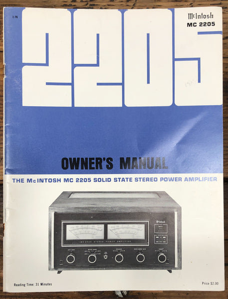 Mcintosh MC 2205 MC-2205 Amplifier  Service Manual *Original*