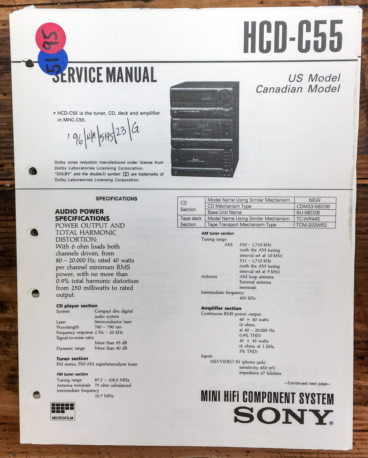 Sony HCD-C55 Stereo  Service Manual *Original*