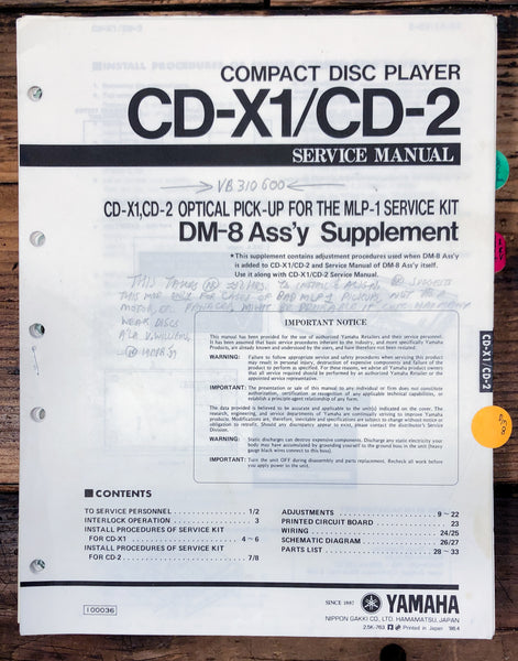 Yamaha CD-X1 CD-2 CD Player DM-8 MLP-1 Service Manual *Original* #1