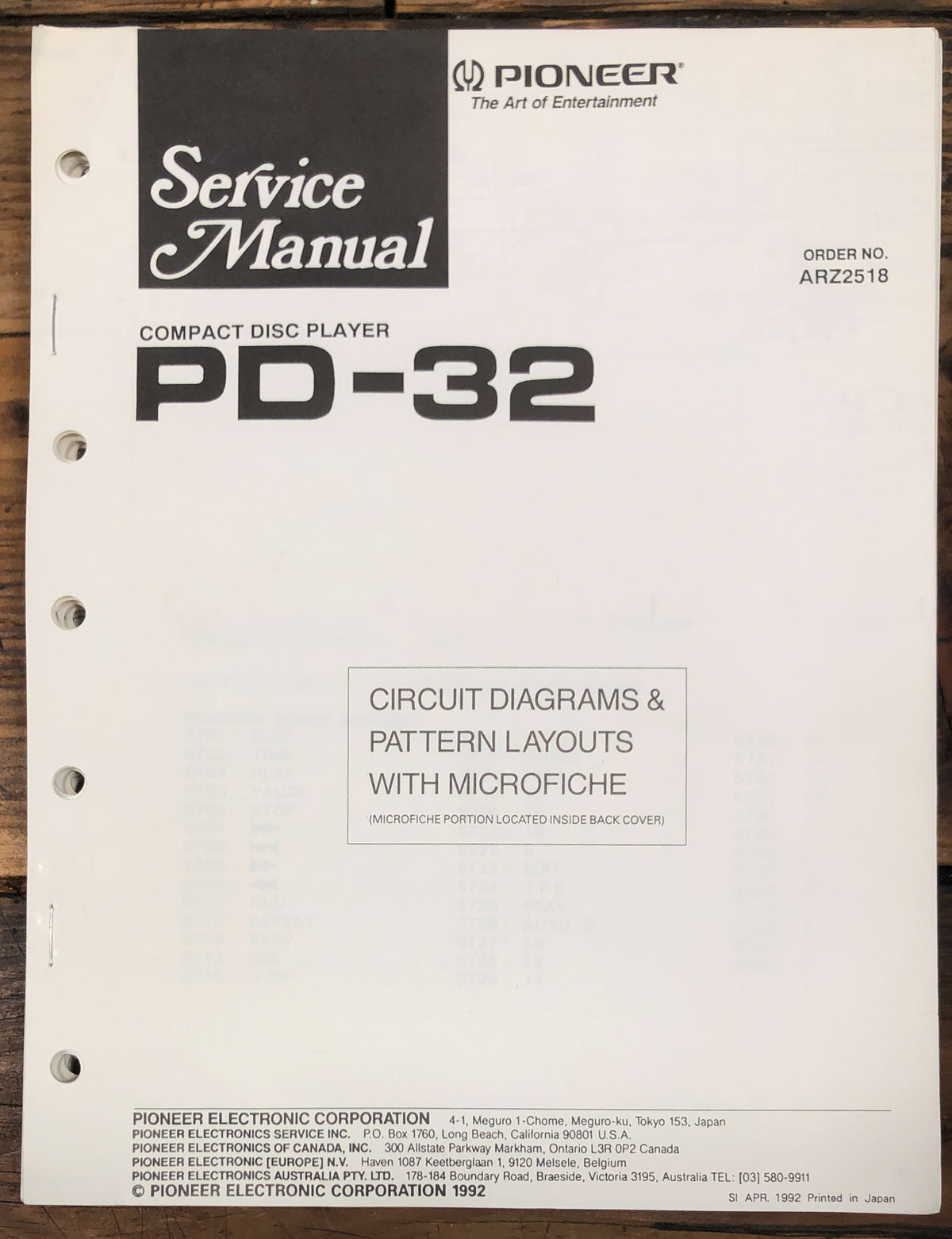 Pioneer PD-32 CD Player  Service Manual *Original*