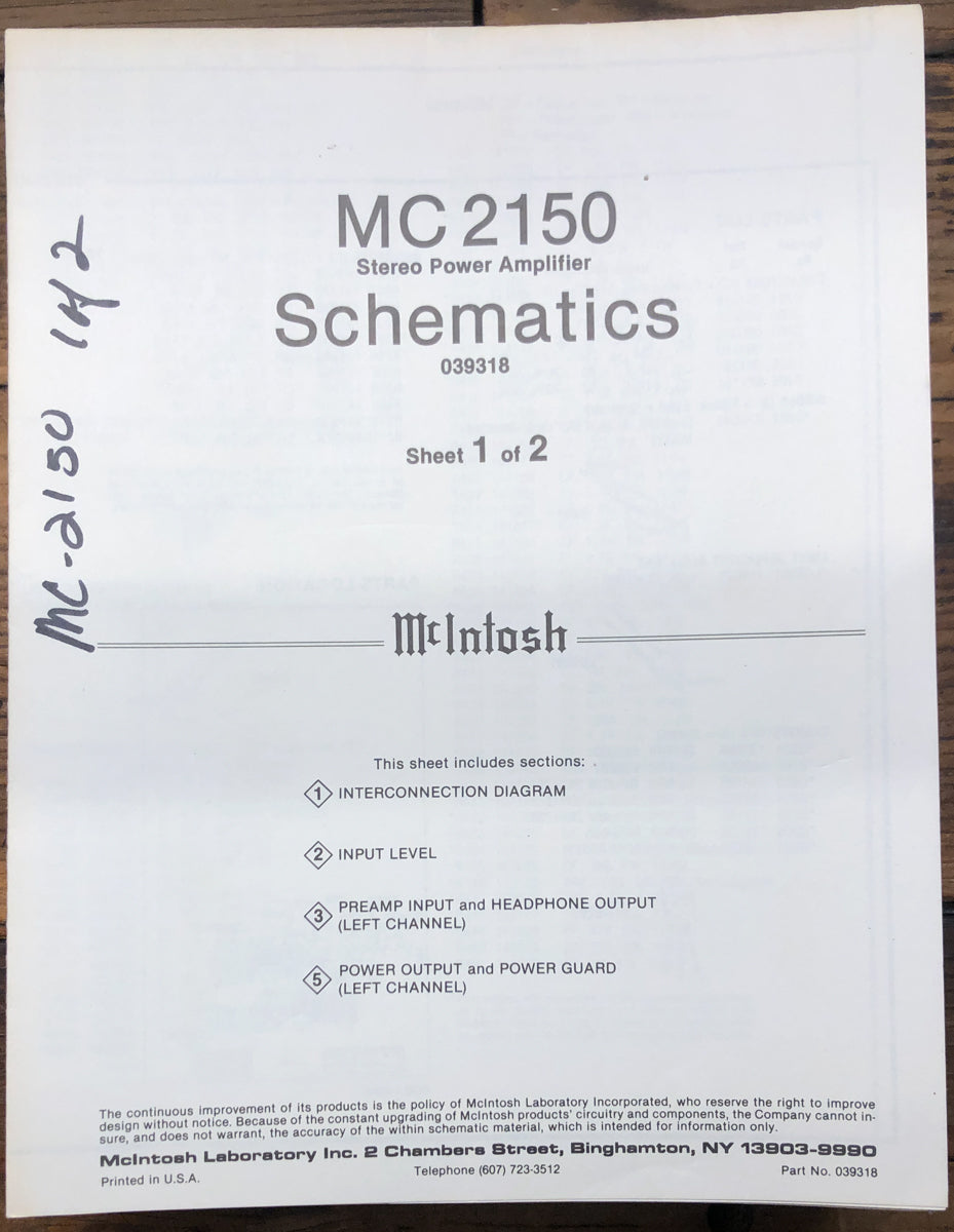McIntosh MC2150 MC-2150   Schematic Manual *Original* #1
