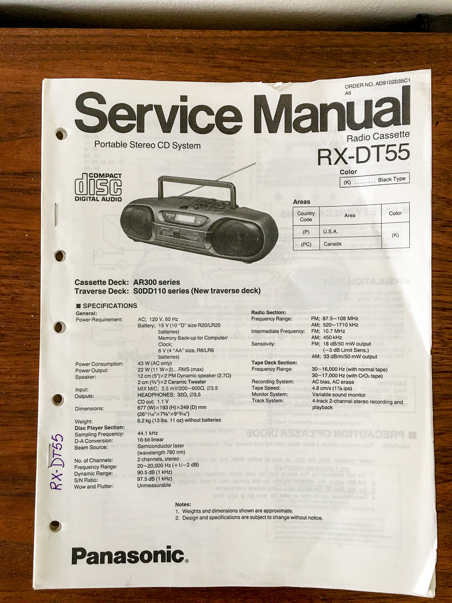 Panasonic RX-DT55 Radio Cassette Service Manual *Original*