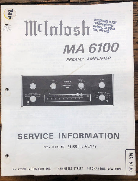 McIntosh MA-6100 MA6100 Amplifier  Service Manual *Original*