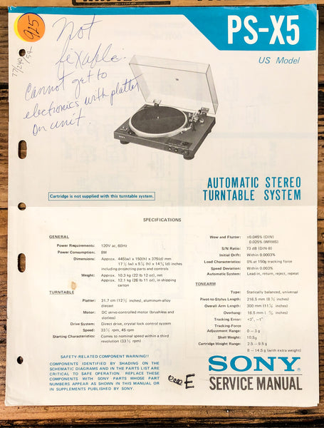 Sony PS-X5 Record Player / Turntable Service Manual *Original*
