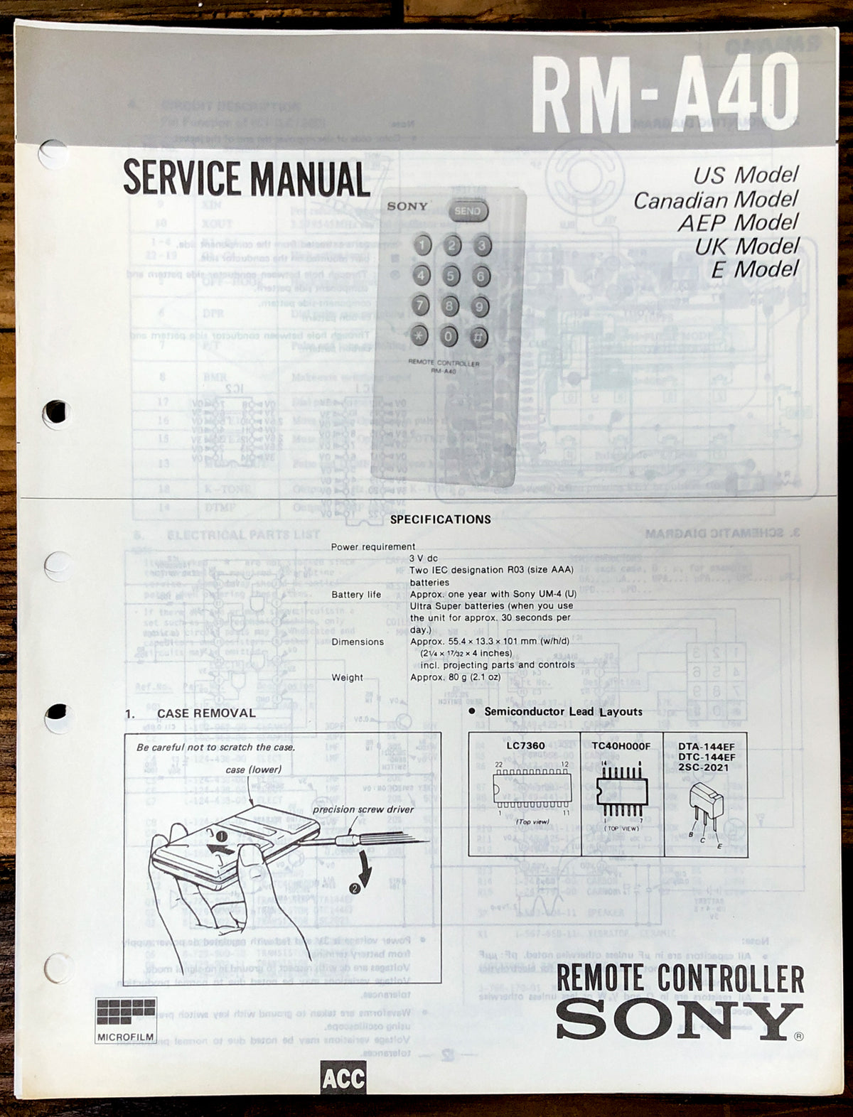 Sony RM-A40 Remote Control  Service Manual *Original*