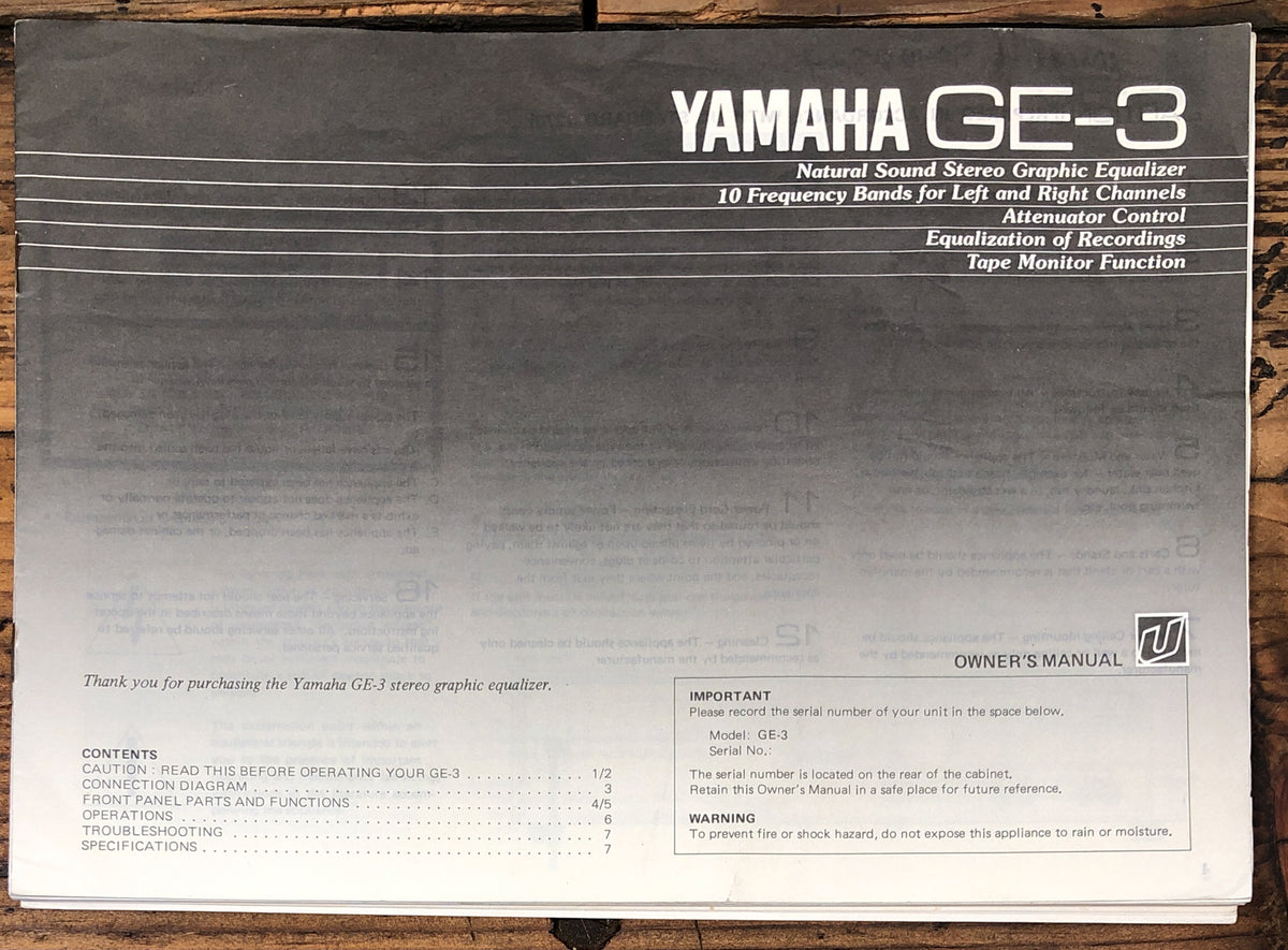 Yamaha GE-3 Equalizer  Owner / User Manual *Original*