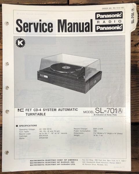 Panasonic SL-701 SL-701A Record Player / Turntable  Service Manual *Original*