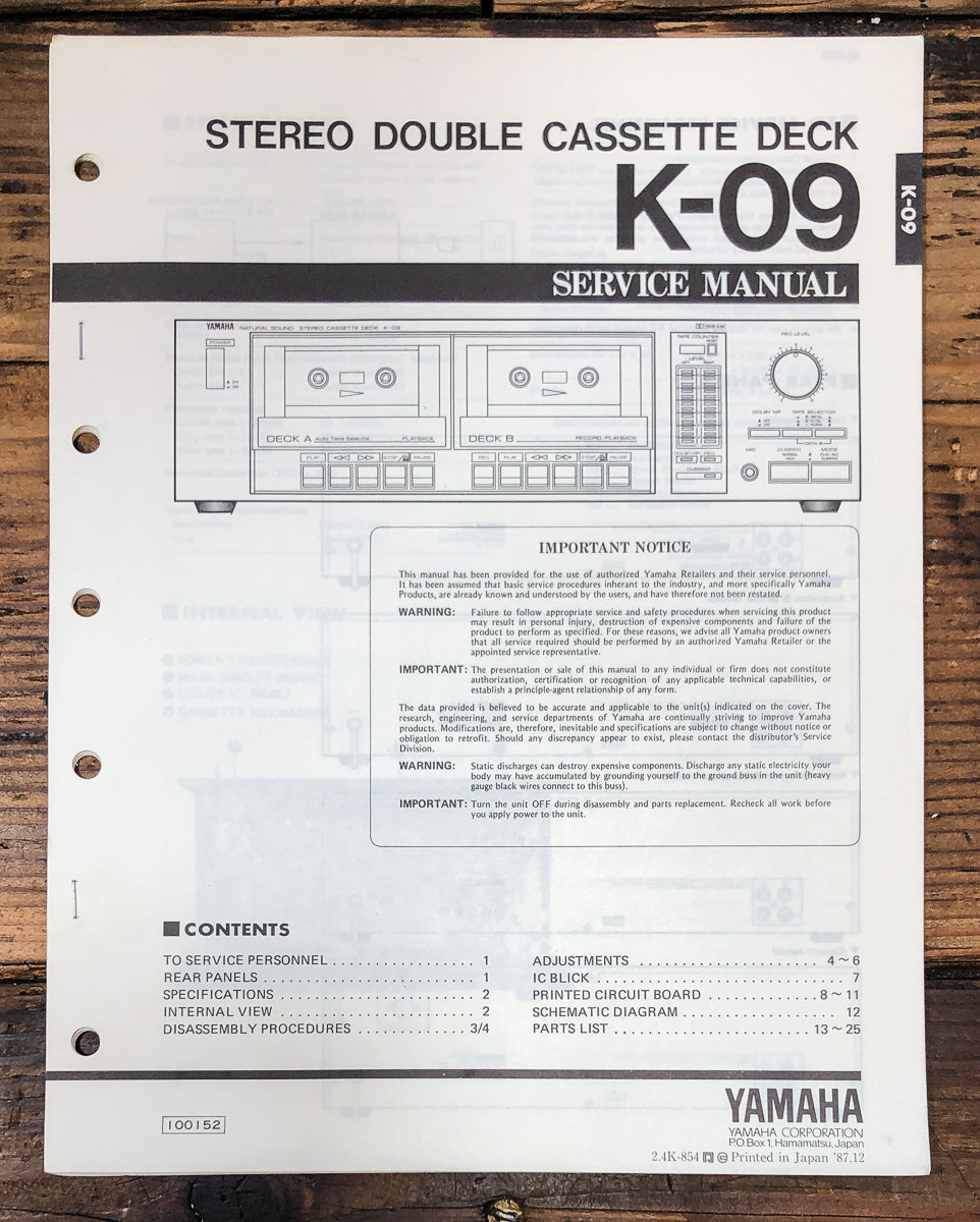 Yamaha K-09 Cassette Service Manual *Original*