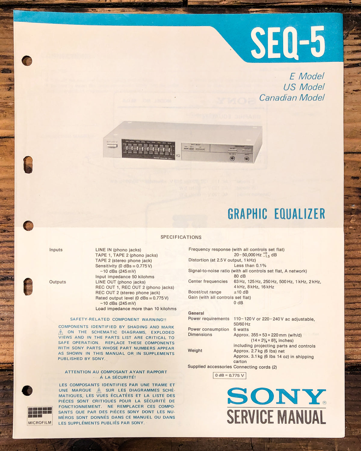 Sony SEQ-5 Equalizer Service Manual *Original*